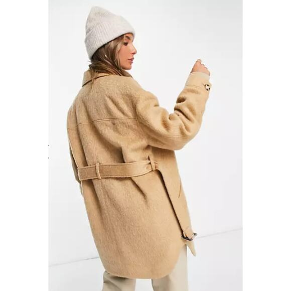TOPSHOP Women's Brushed Shacket Size 2 Tan Camel Belted Long Sleeve NWT - Picture 4 of 13